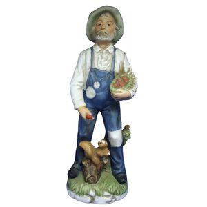 Homco 1409 Porcelain Farm Man Squirrel 8" Figurine old grandpa farmer basket